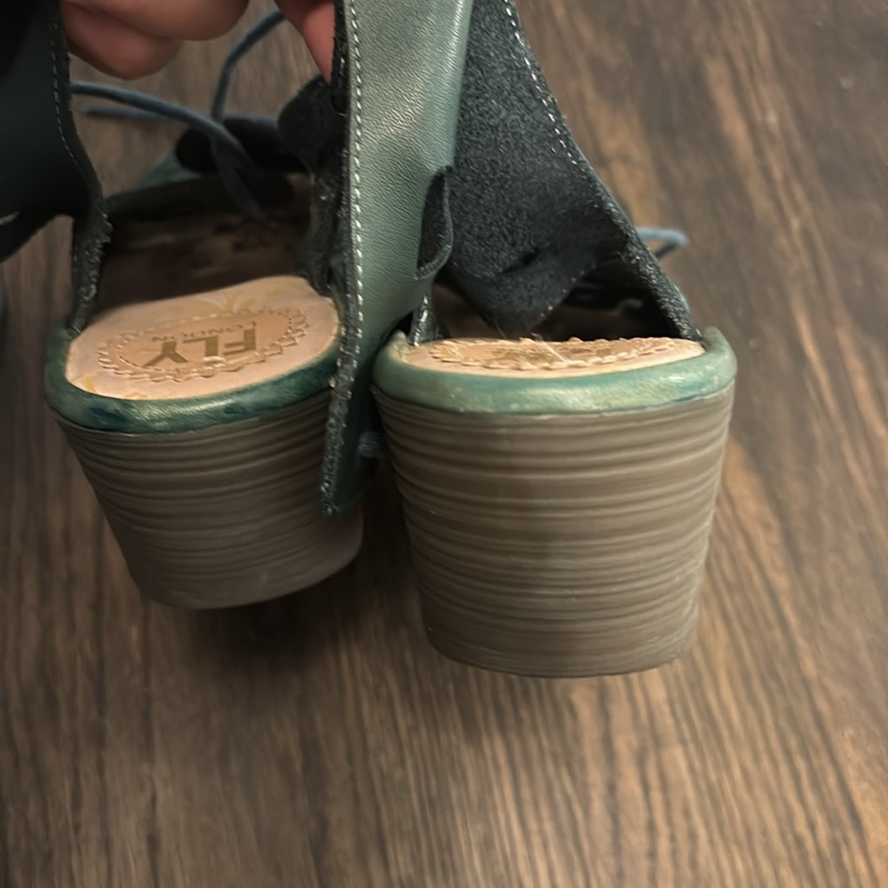 Fly London Teal Green Cutout Lace-Up Wedge Sandals - Picture 4 of 7